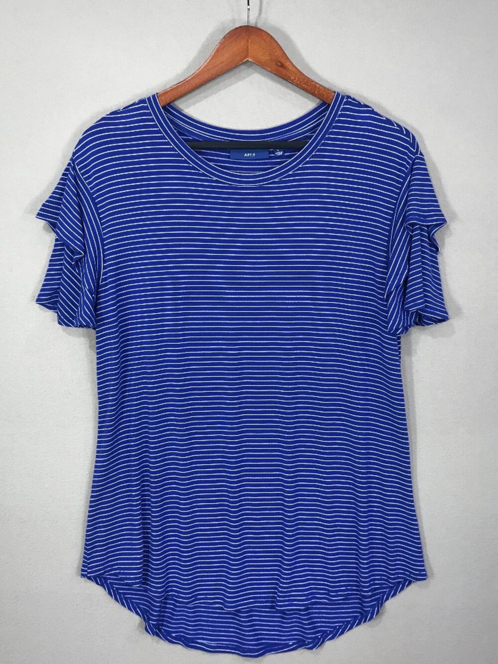 Apt 9 T Shirt Women's Blue White Striped Popover Top Scoop Ruffle Short Sleeve